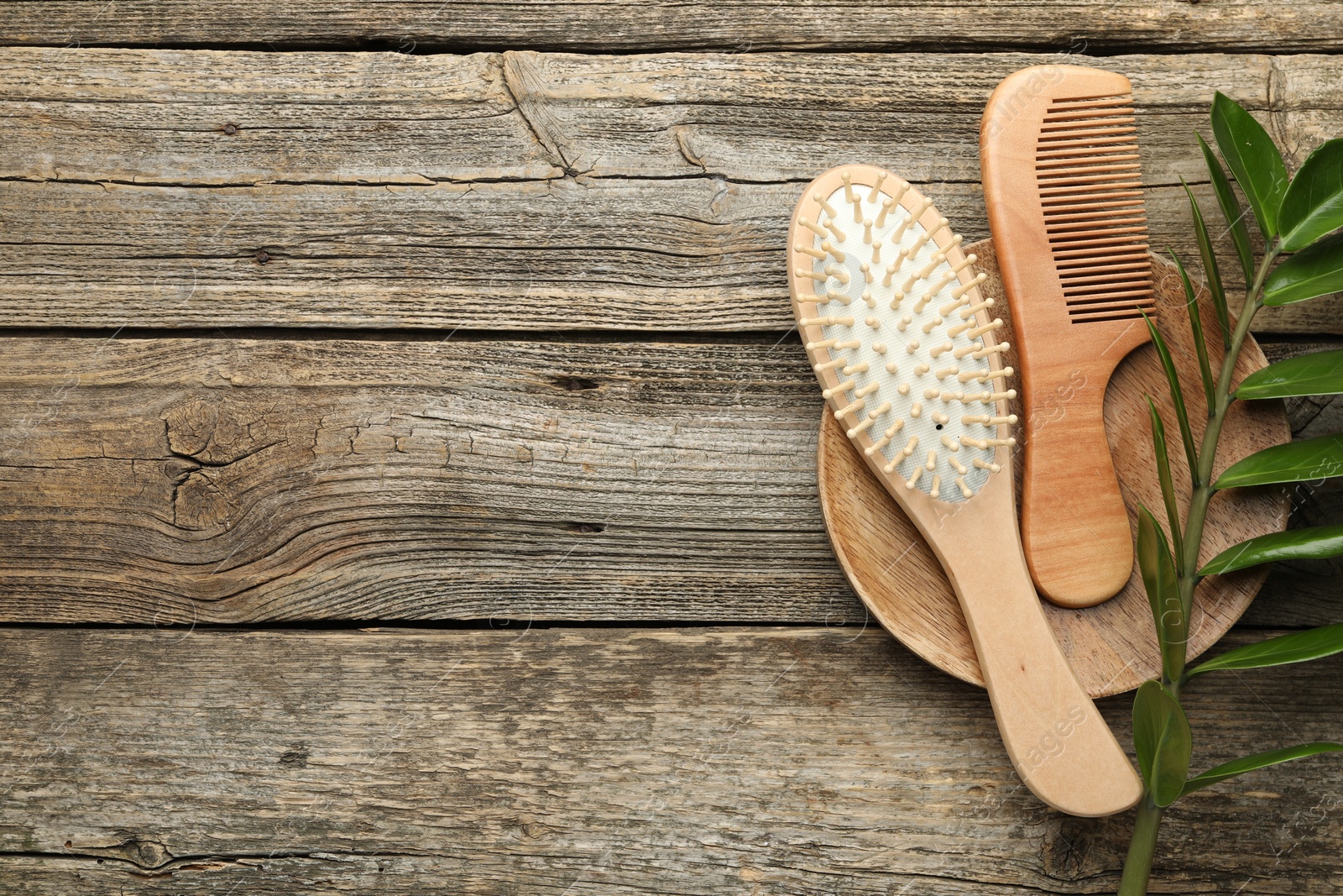 Photo of Hair brush, comb and green branch on wooden table, top view. Space for text