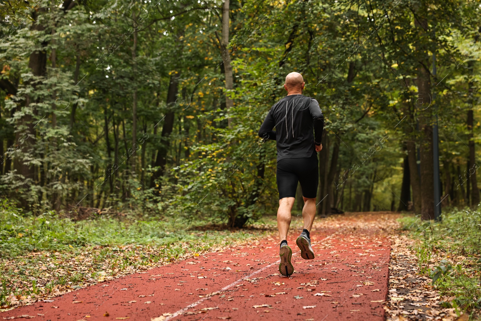 Photo of Athletic man running in park, back view. Space for text