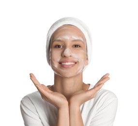 Photo of Teenage girl with cleansing foam on her face against white background. Acne treatment