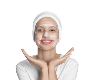 Photo of Teenage girl with cleansing foam on her face against white background. Acne treatment