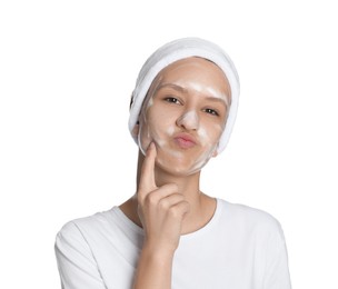 Photo of Teenage girl with cleansing foam on her face against white background. Acne treatment