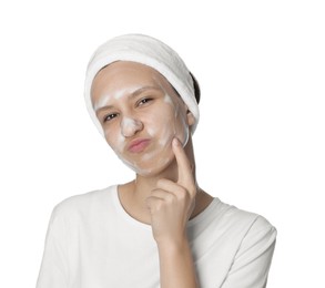 Photo of Teenage girl with cleansing foam on her face against white background. Acne treatment