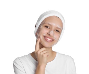 Photo of Teenage girl with cleansing foam on her face against white background. Acne treatment