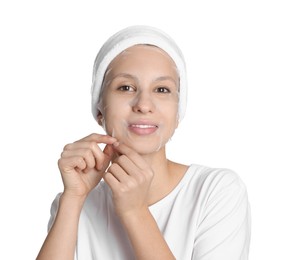 Photo of Teenage girl with sheet facial mask on white background. Acne treatment