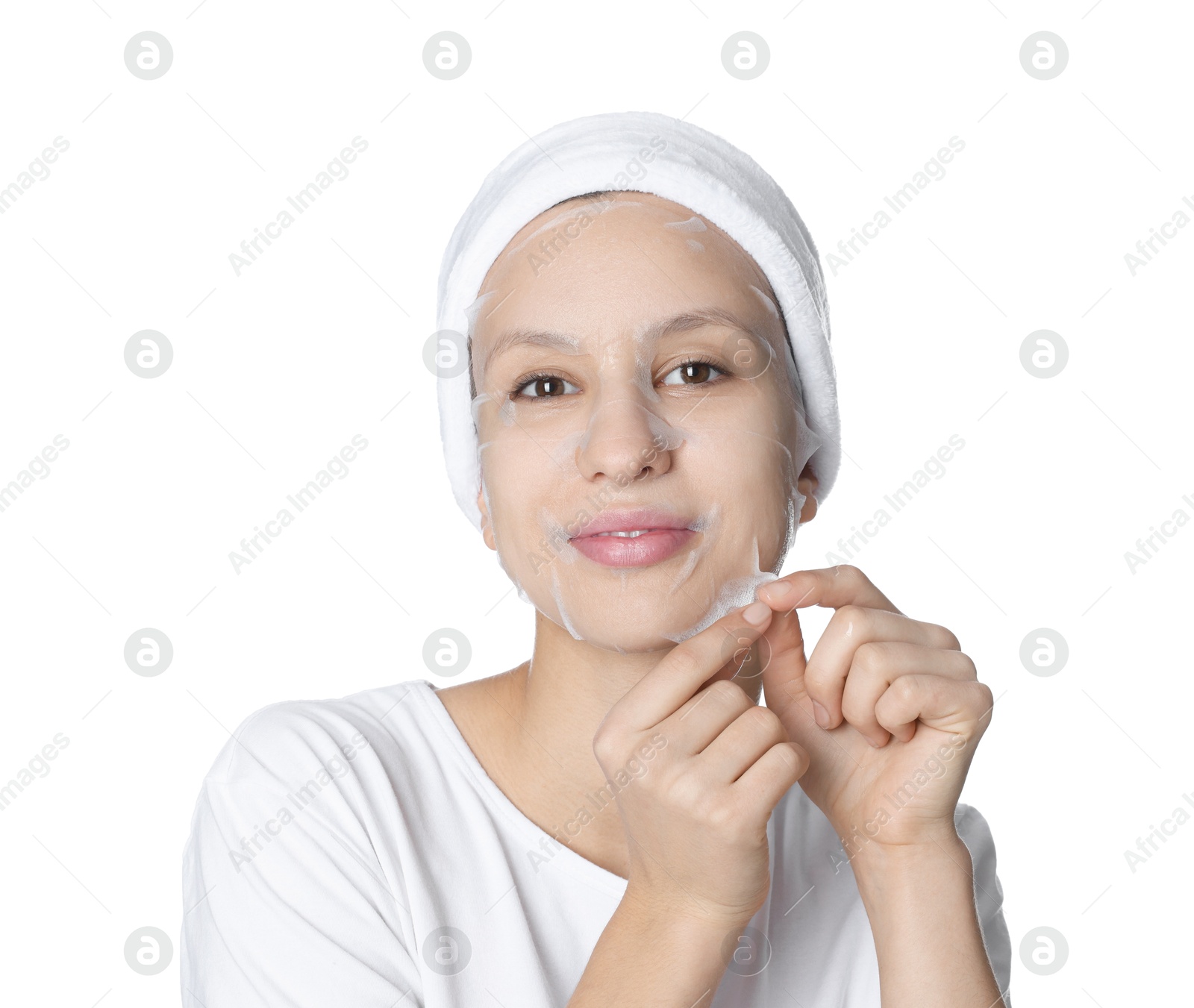 Photo of Teenage girl with sheet facial mask on white background. Acne treatment