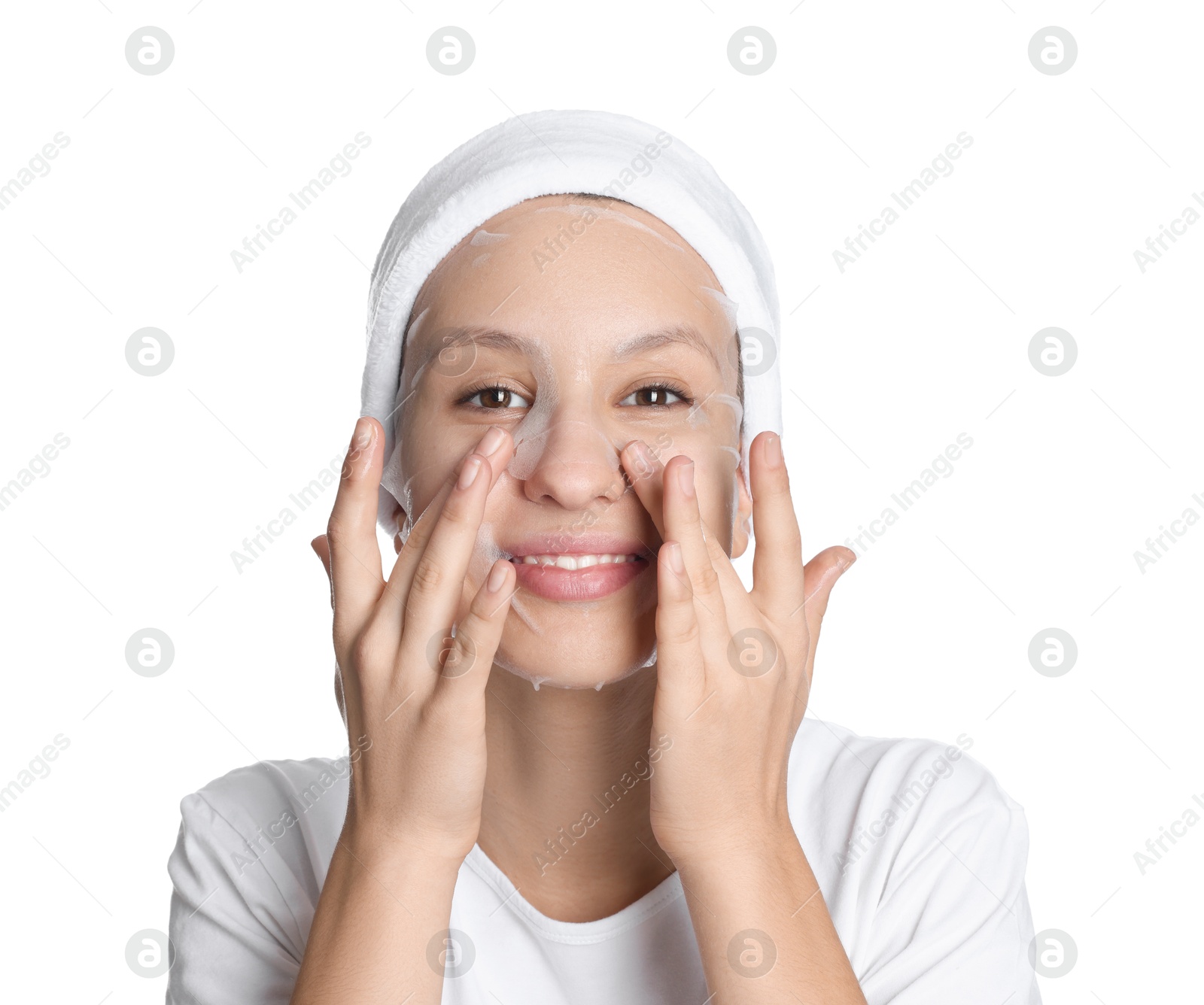 Photo of Teenage girl with sheet facial mask on white background. Acne treatment