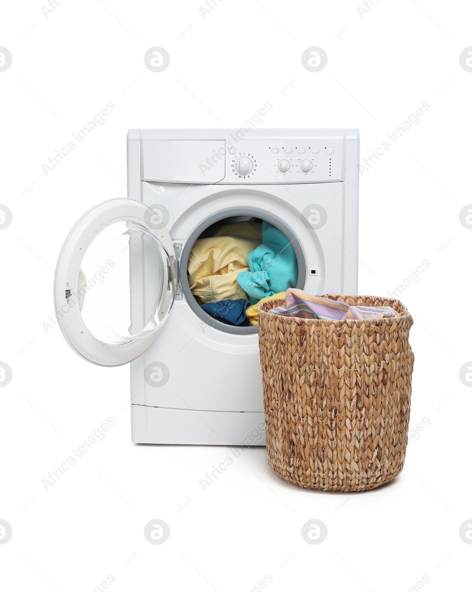 Photo of Modern washing machine and laundry basket isolated on white