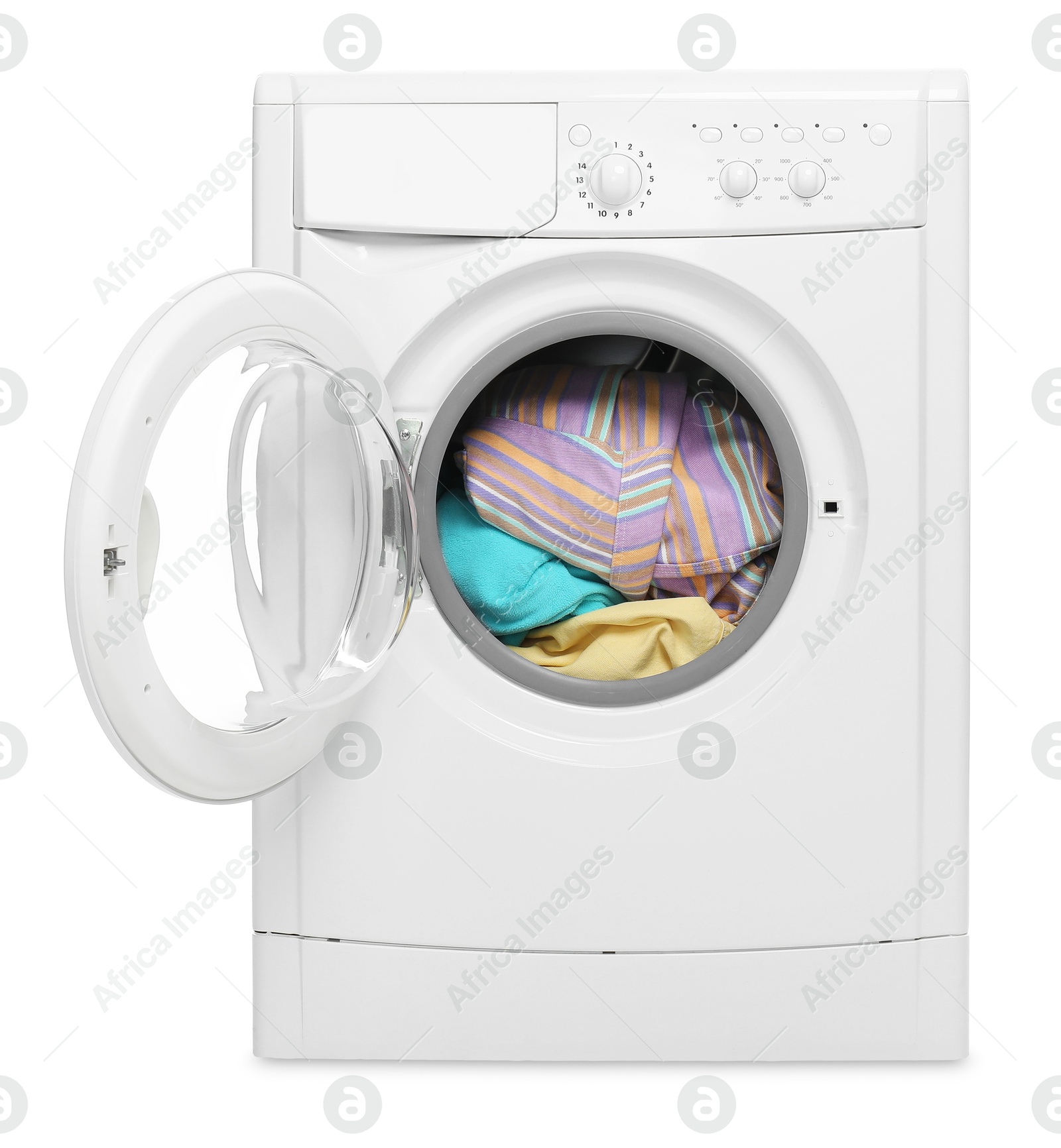 Photo of Modern washing machine with clothes in drum isolated on white