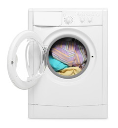 Photo of Modern washing machine with clothes in drum isolated on white