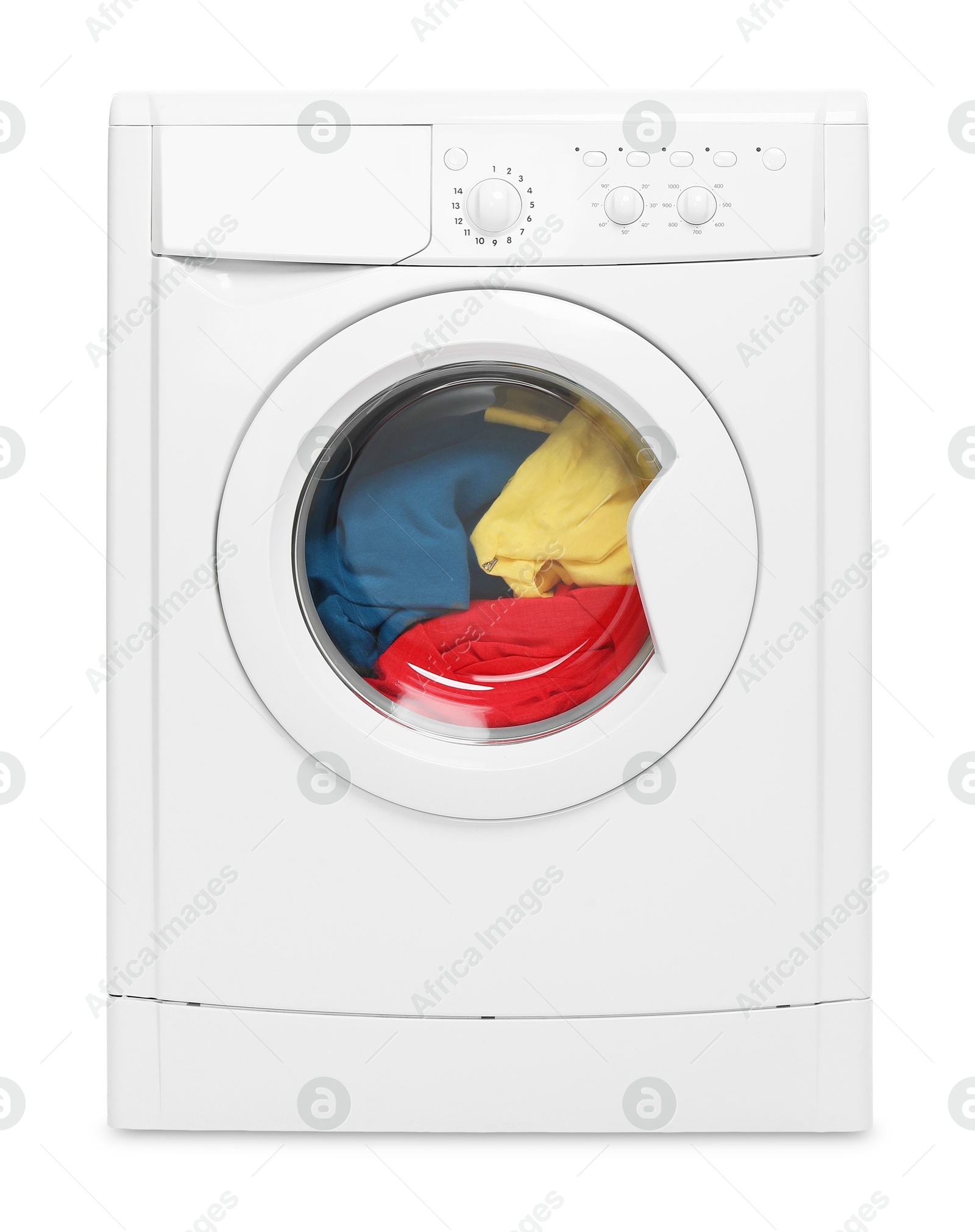 Photo of Modern washing machine with clothes in drum isolated on white