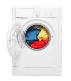 Photo of Modern washing machine with clothes in drum isolated on white