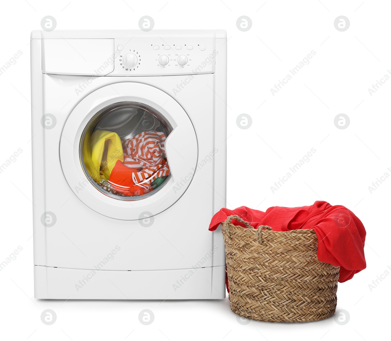 Photo of Washing machine and laundry basket with colorful clothes isolated on white