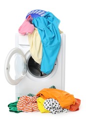 Photo of Washing machine and laundry basket with colorful clothes isolated on white