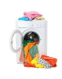 Photo of Washing machine with colorful clothes isolated on white