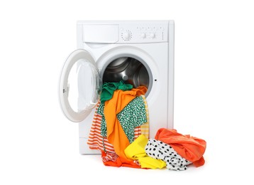 Photo of Washing machine with colorful clothes isolated on white