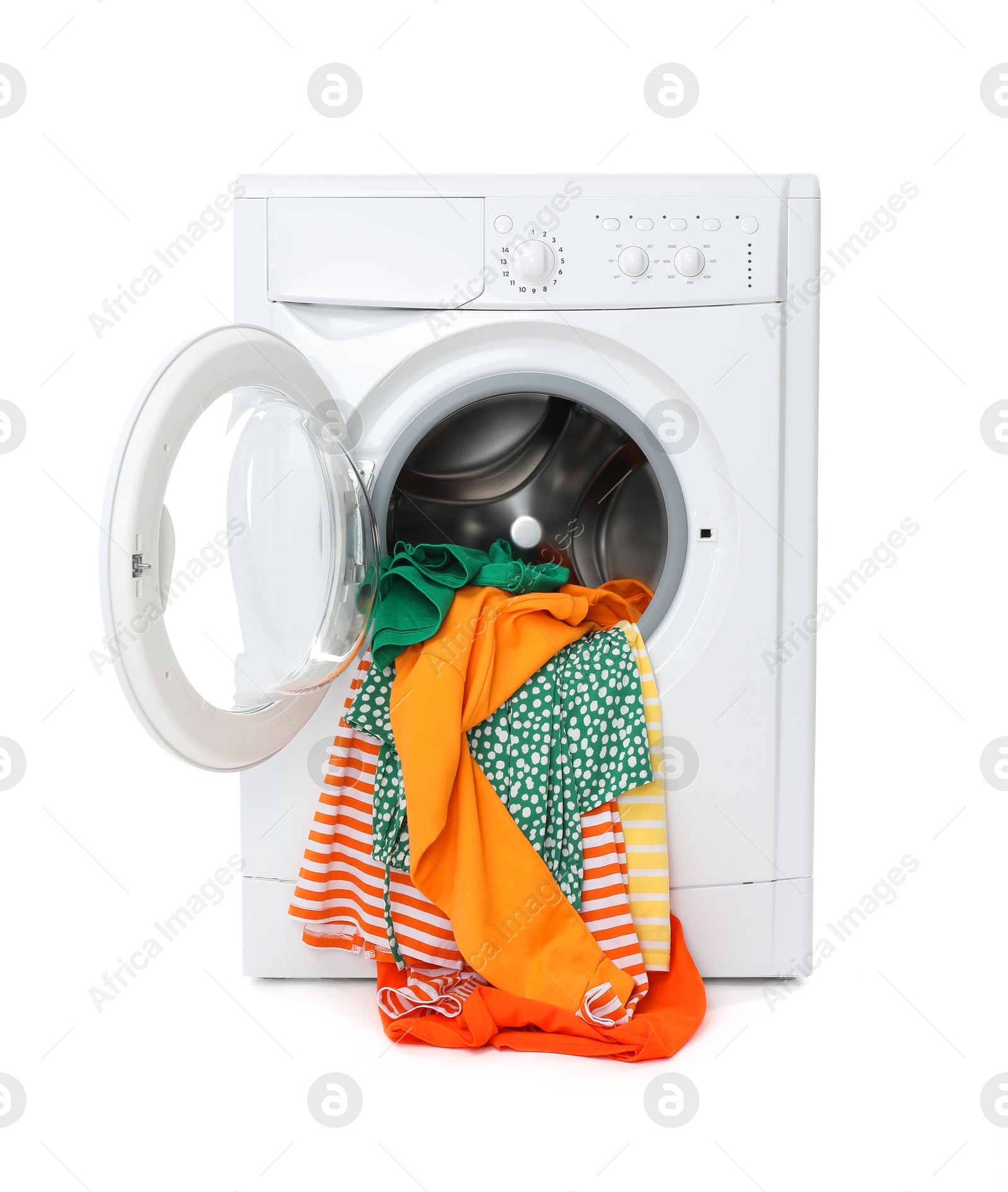 Photo of Washing machine with colorful clothes isolated on white