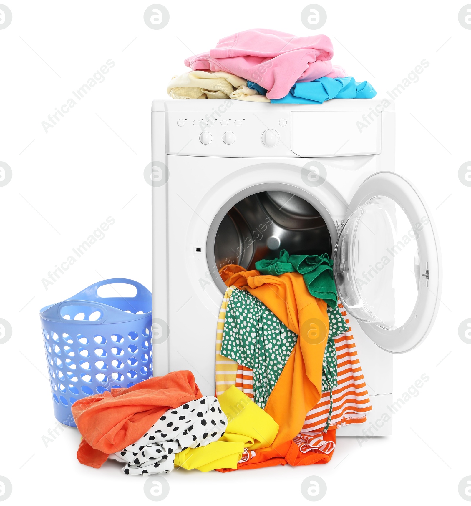 Photo of Washing machine with colorful clothes and laundry basket isolated on white