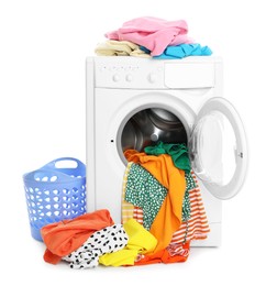 Photo of Washing machine with colorful clothes and laundry basket isolated on white