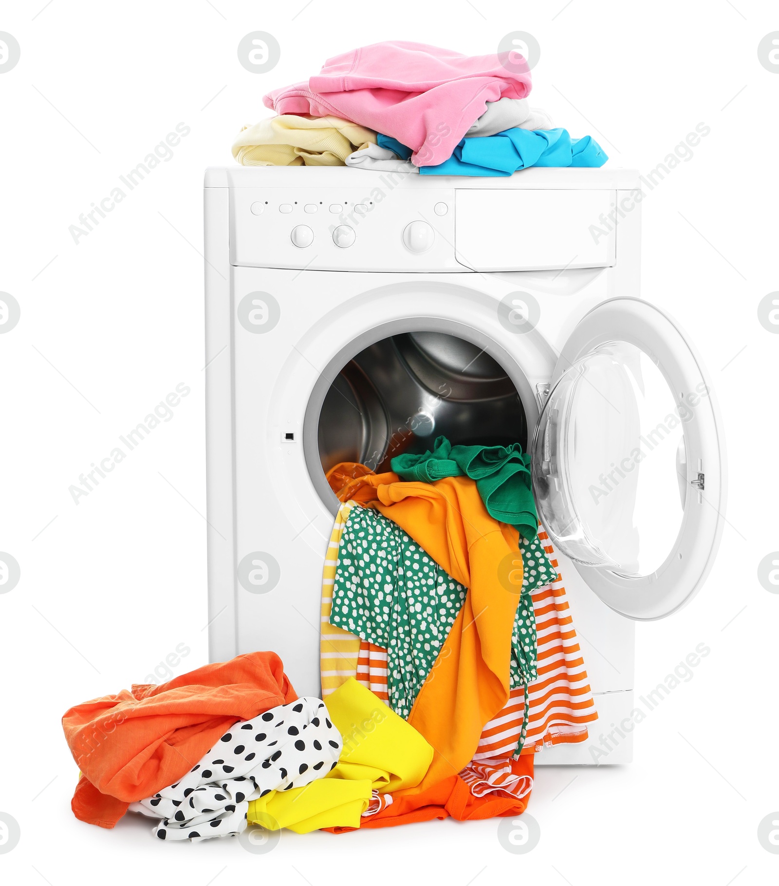 Photo of Washing machine with colorful clothes isolated on white