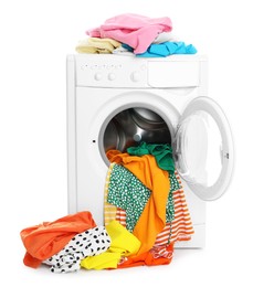 Photo of Washing machine with colorful clothes isolated on white