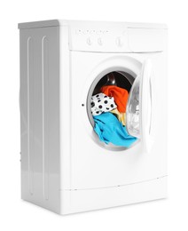 Photo of Washing machine with colorful clothes isolated on white