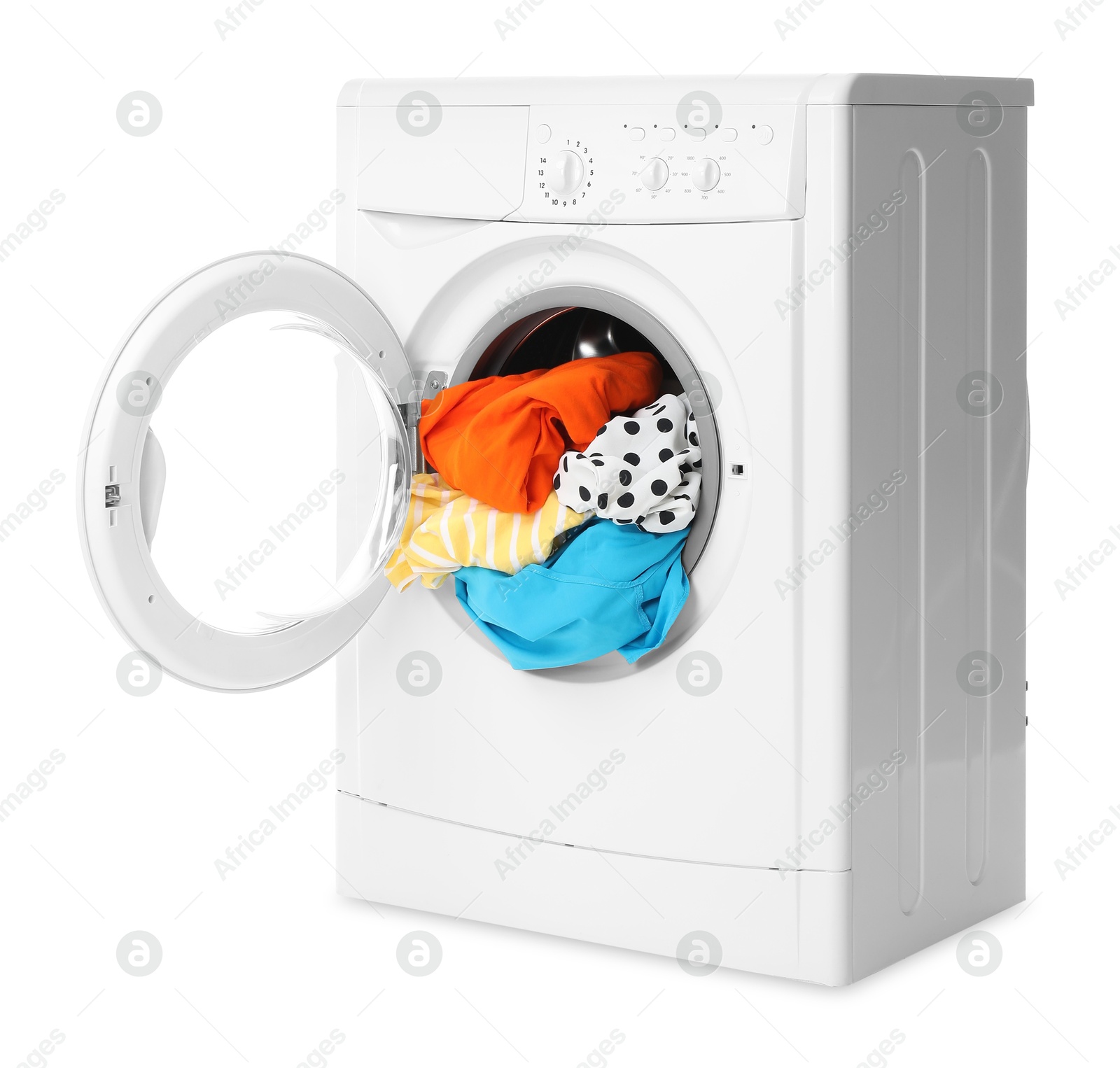 Photo of Washing machine with colorful clothes isolated on white