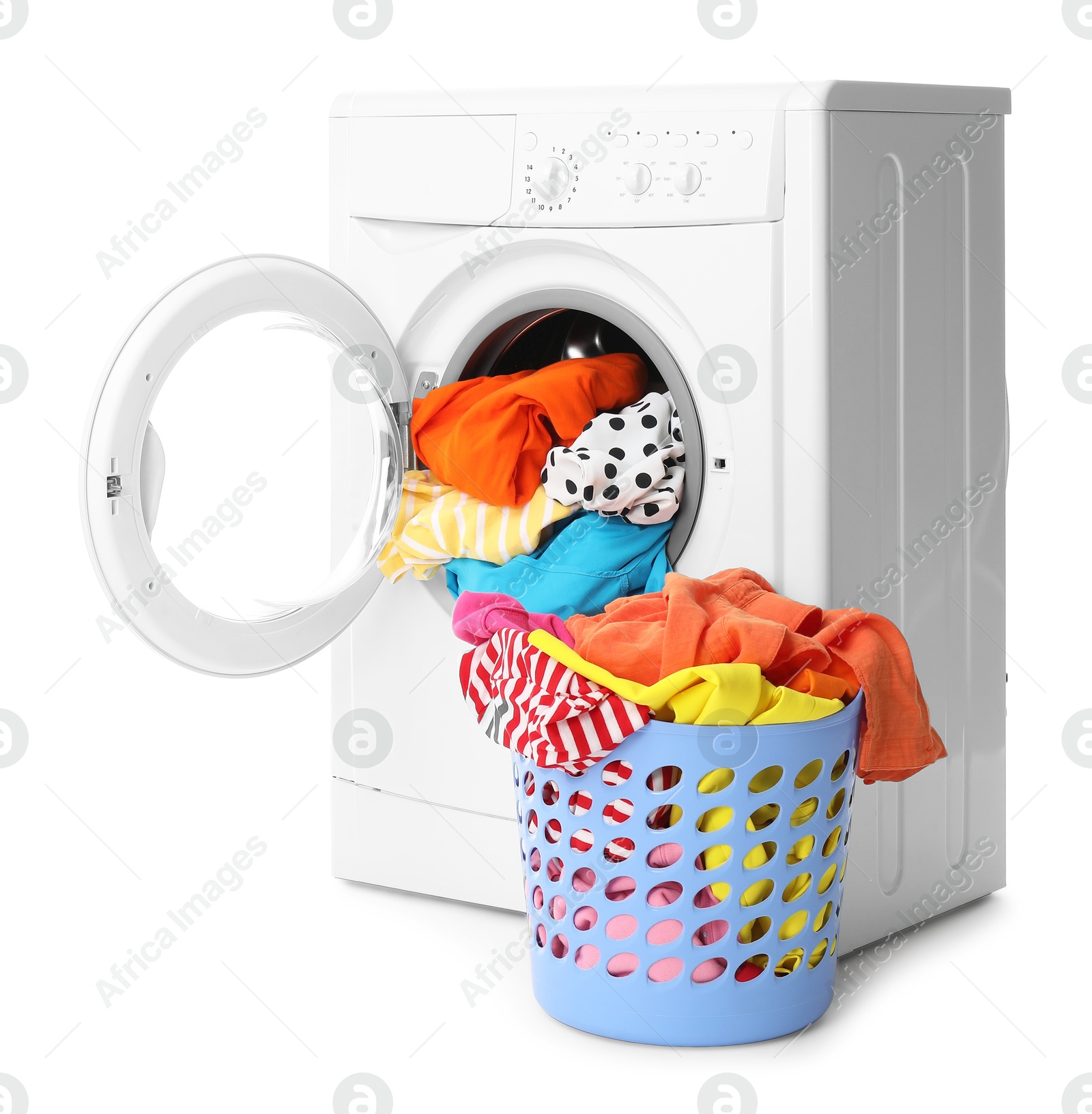 Photo of Washing machine and laundry basket with colorful clothes isolated on white