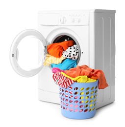 Photo of Washing machine and laundry basket with colorful clothes isolated on white