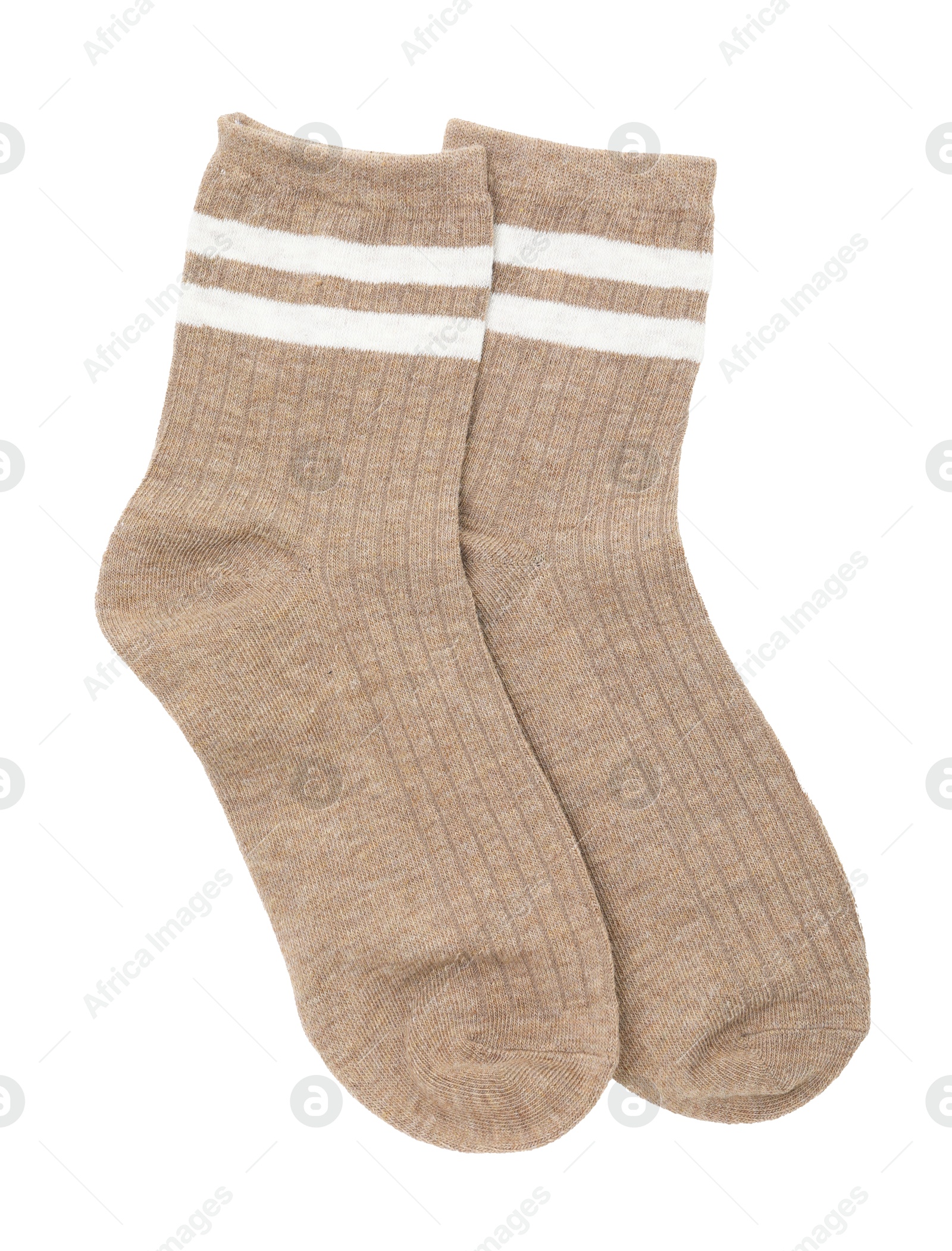 Photo of Pair of soft socks isolated on white, top view