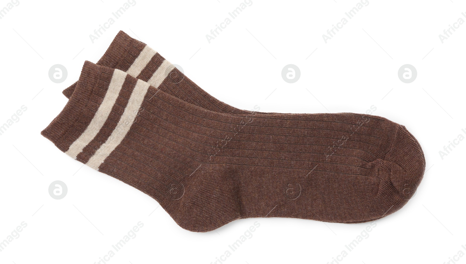 Photo of Pair of soft socks isolated on white, top view