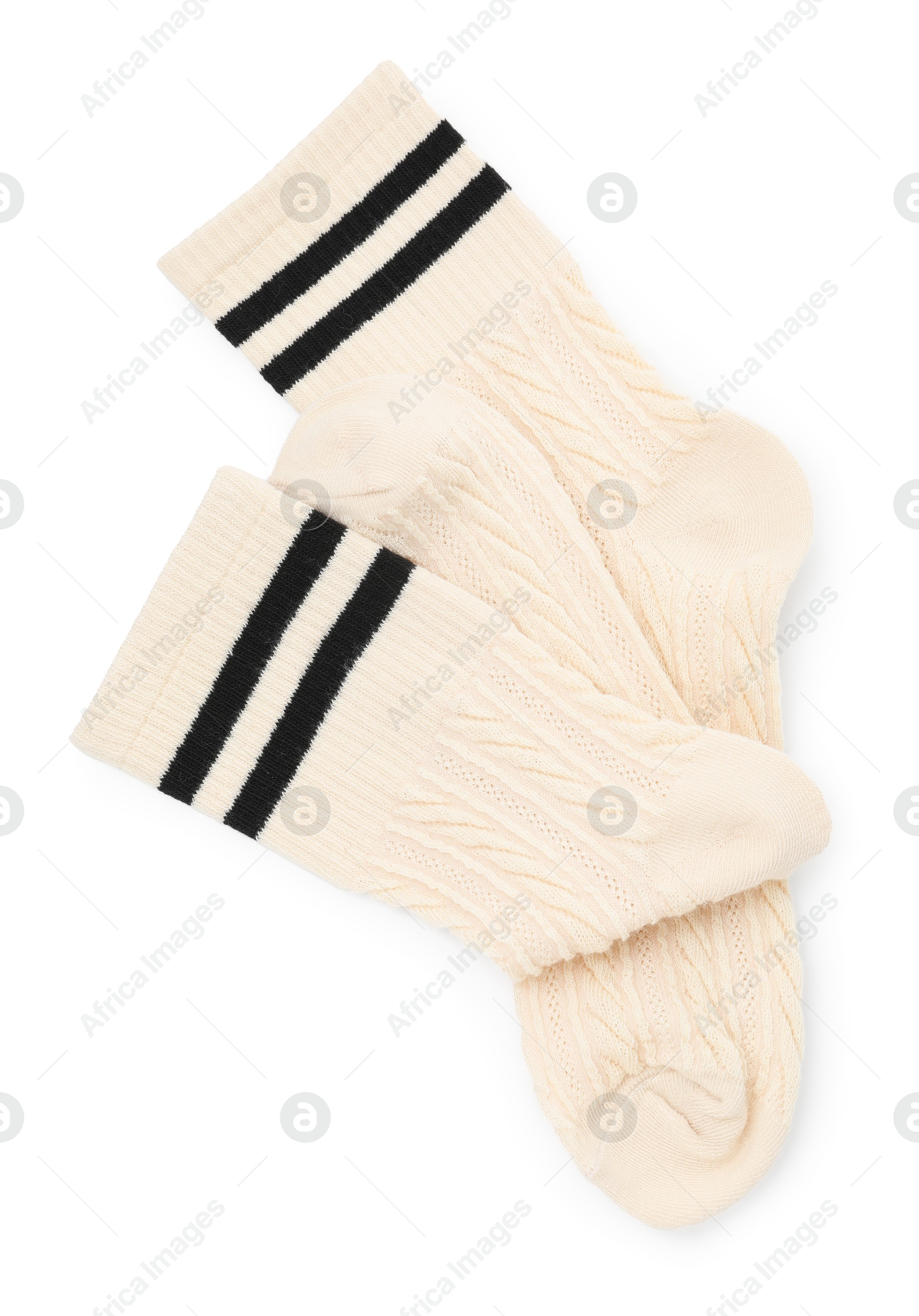 Photo of Pair of soft socks isolated on white, top view