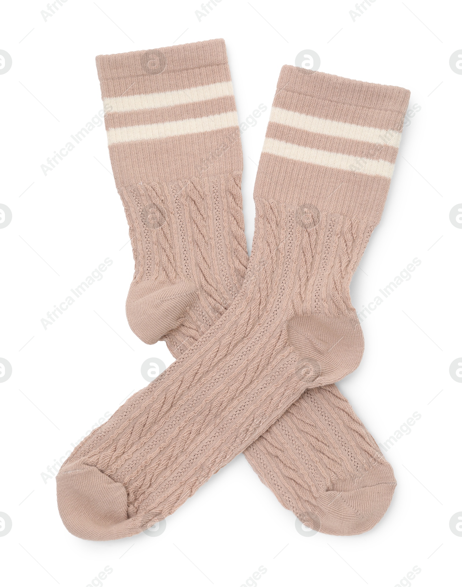 Photo of Pair of soft socks isolated on white, top view