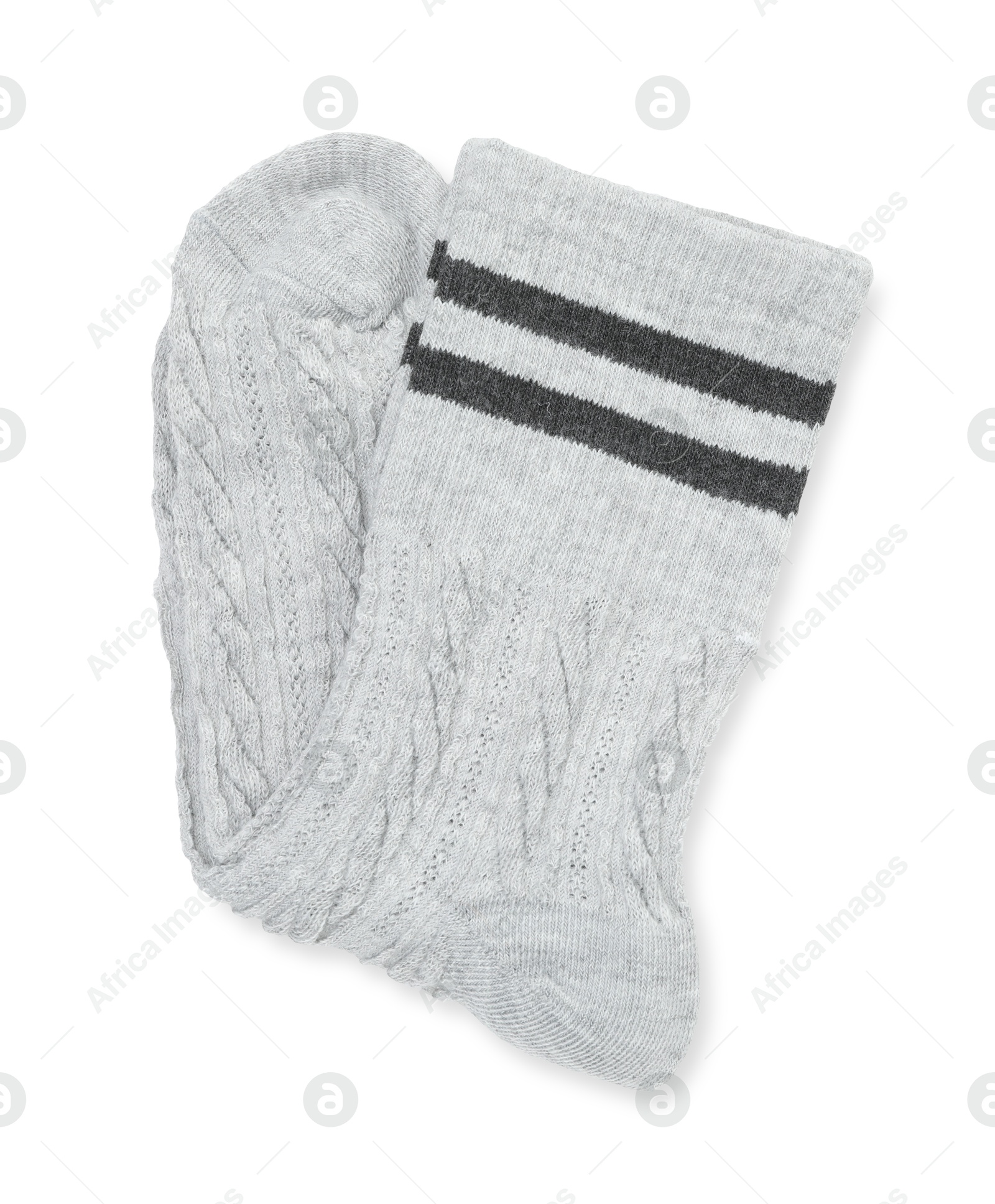 Photo of Pair of soft socks isolated on white, top view