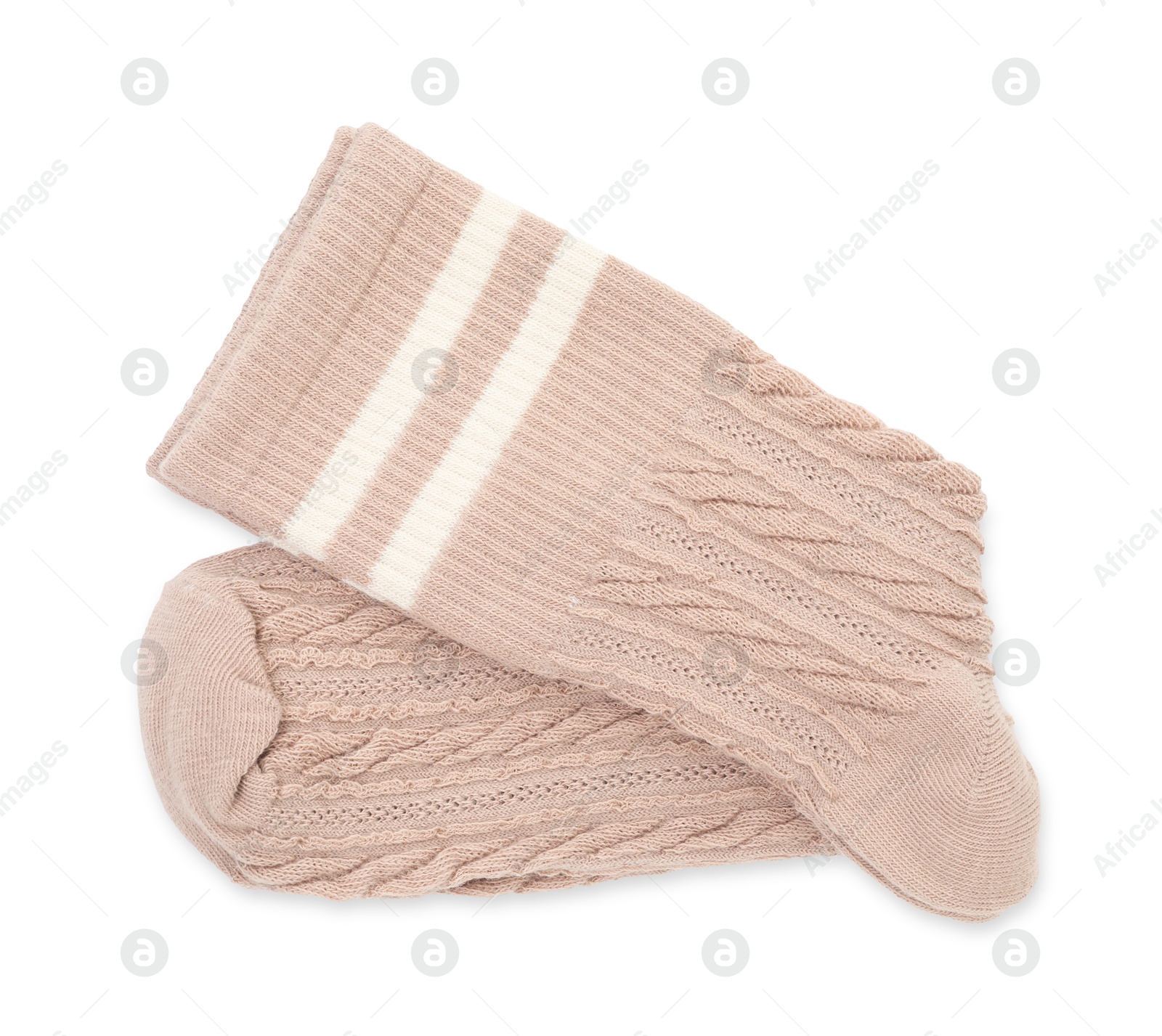 Photo of Pair of soft socks isolated on white, top view