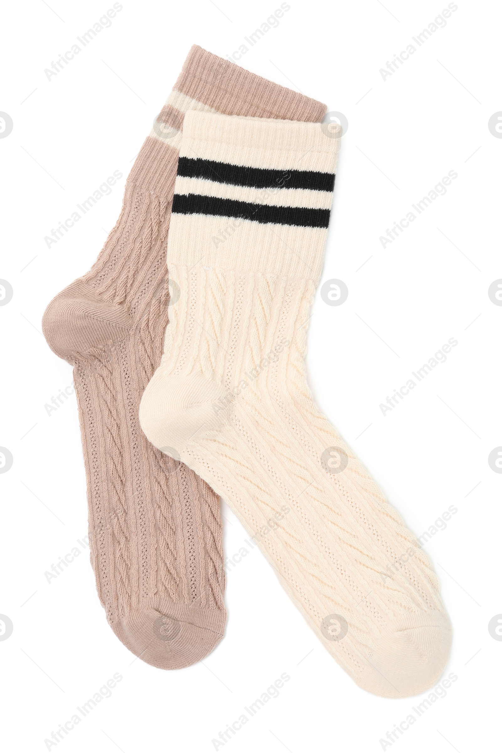 Photo of Pair of colorful socks isolated on white, top view