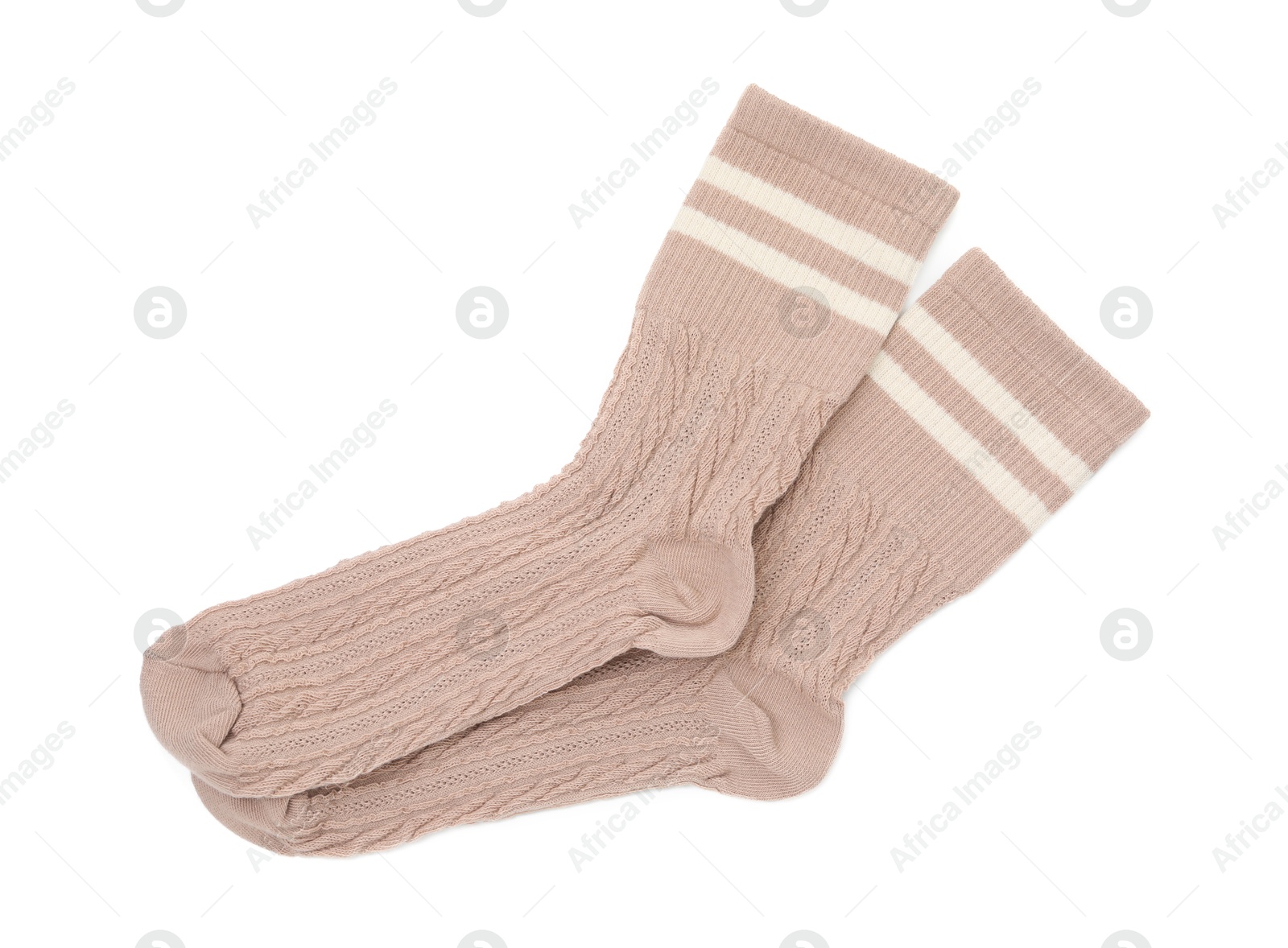 Photo of Pair of soft socks isolated on white, top view