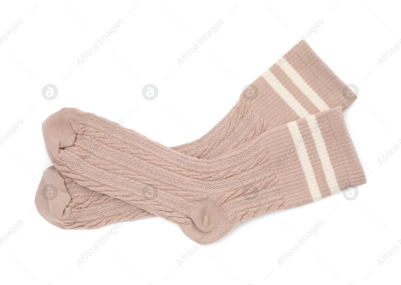 Photo of Pair of soft socks isolated on white, top view