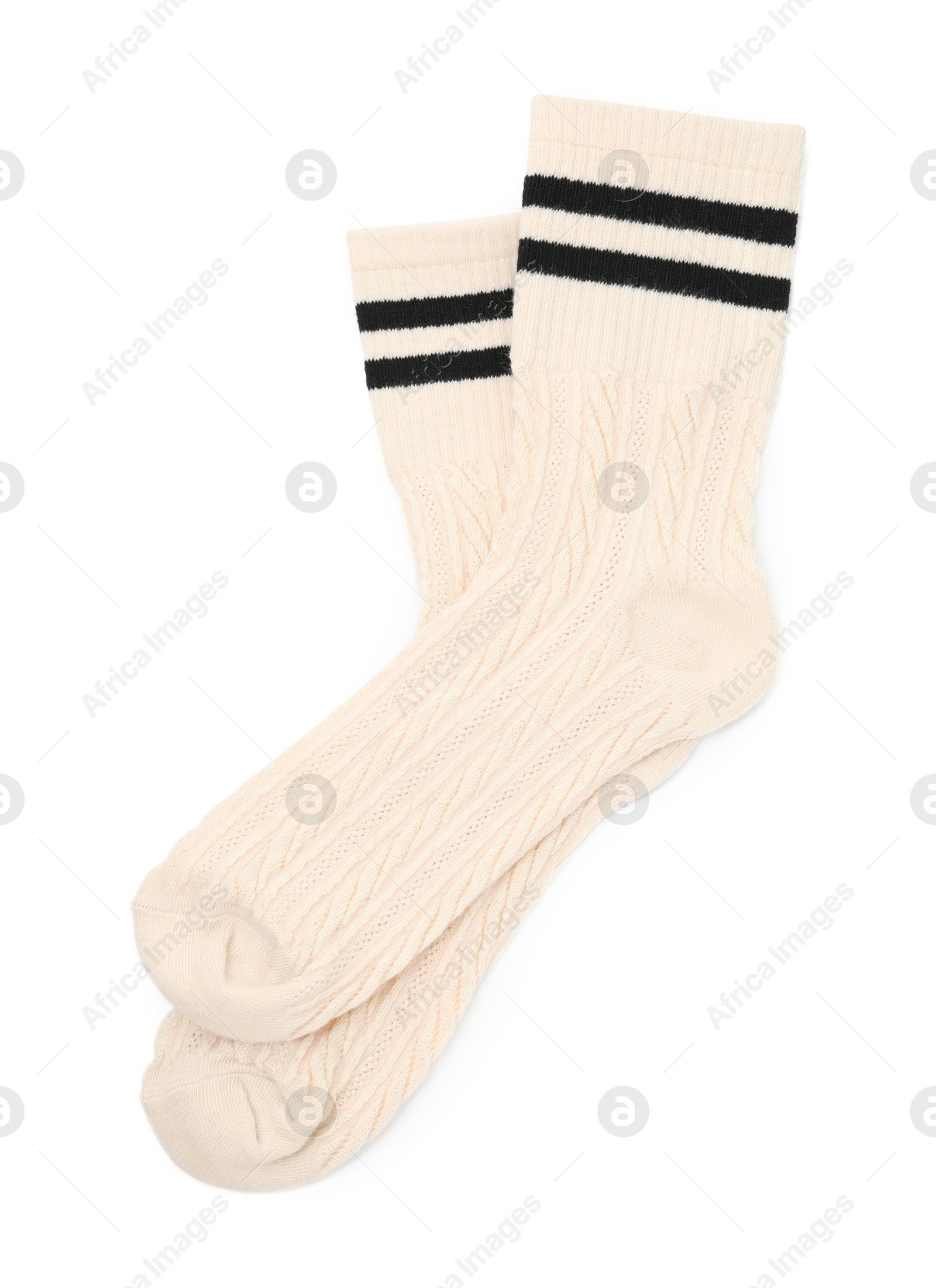 Photo of Pair of soft socks isolated on white, top view