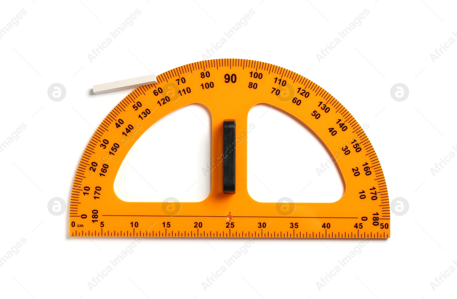 Photo of Protractor ruler and chalk isolated on white, top view