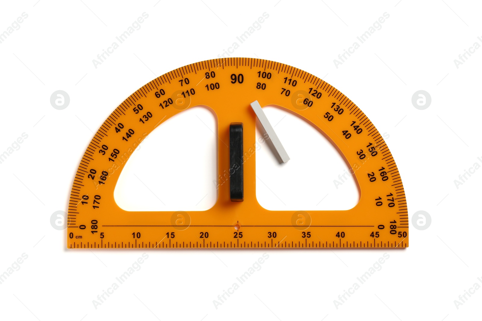 Photo of Protractor ruler and chalk isolated on white, top view