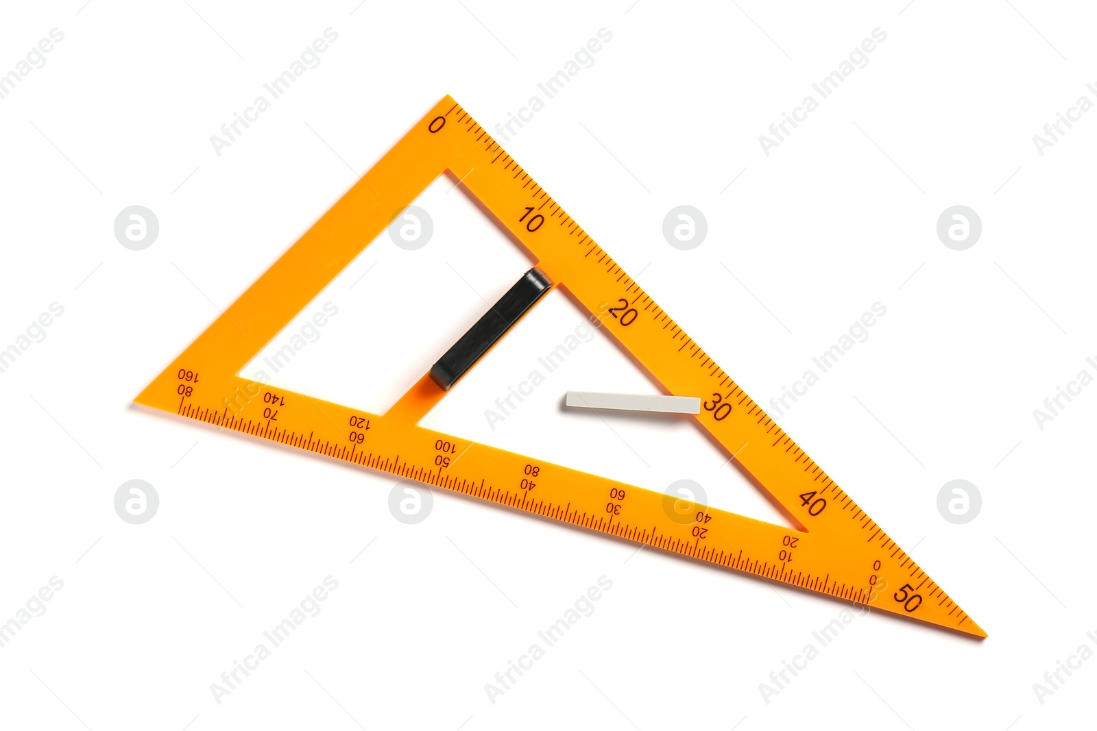 Photo of Triangle ruler and chalk isolated on white, top view