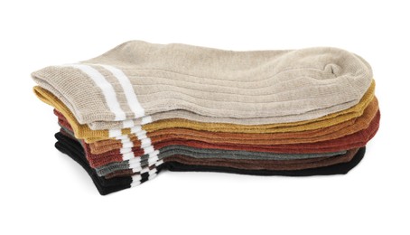 Photo of Stack of soft socks isolated on white