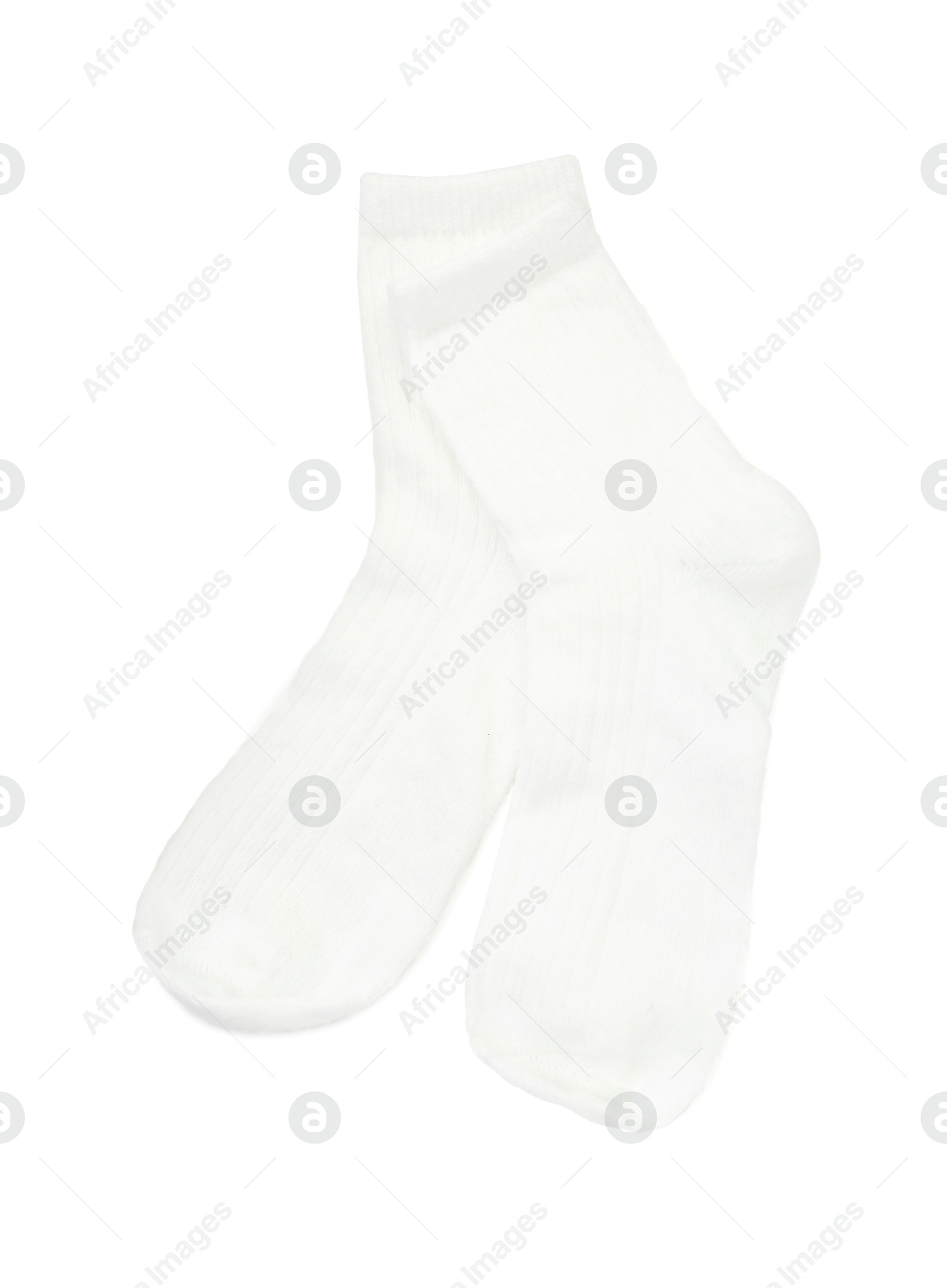 Photo of Pair of soft socks isolated on white, top view