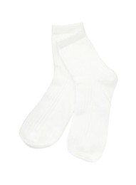 Photo of Pair of soft socks isolated on white, top view