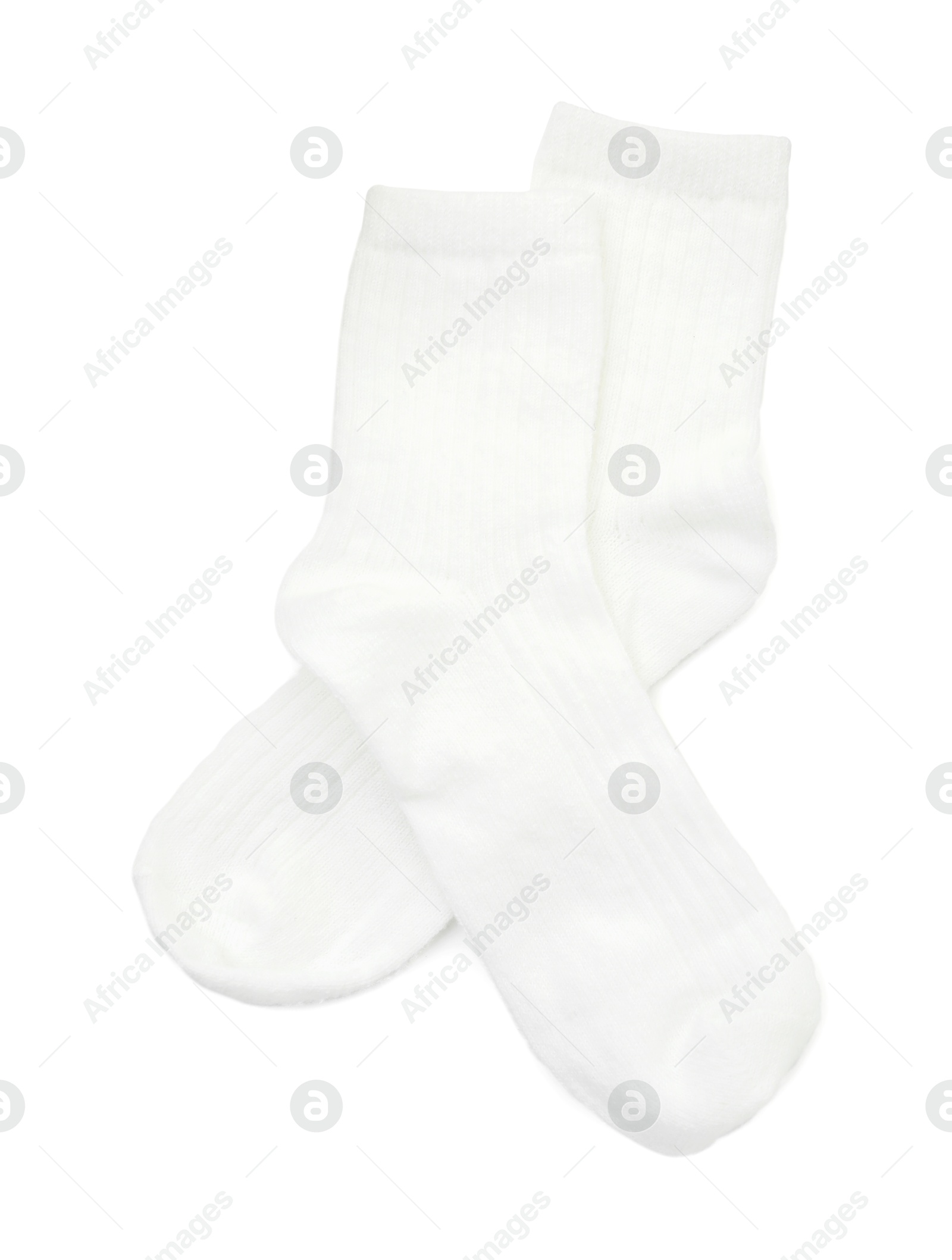 Photo of Pair of soft socks isolated on white, top view