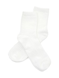 Photo of Pair of soft socks isolated on white, top view