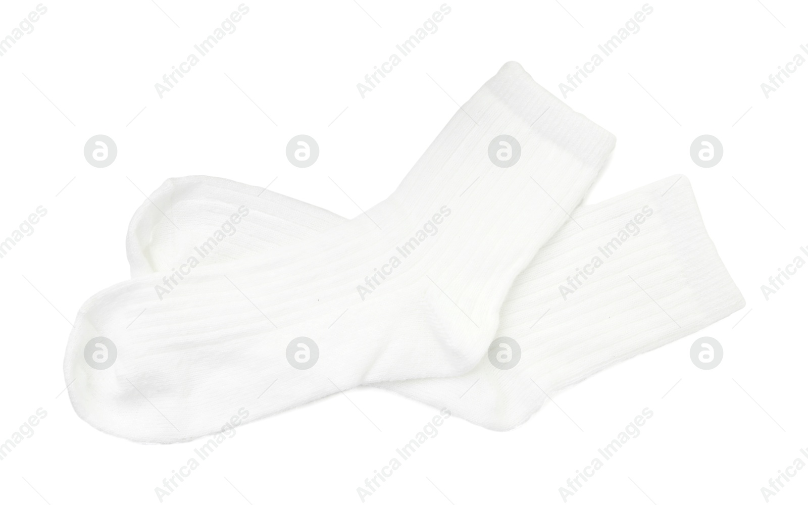 Photo of Pair of soft socks isolated on white, top view