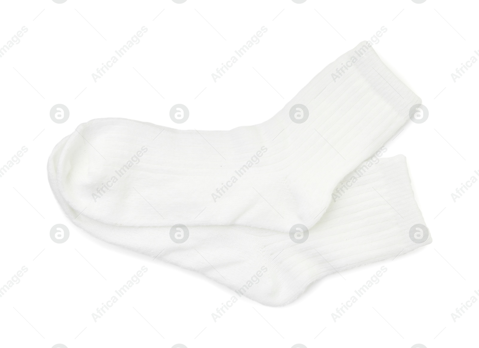 Photo of Pair of soft socks isolated on white, top view