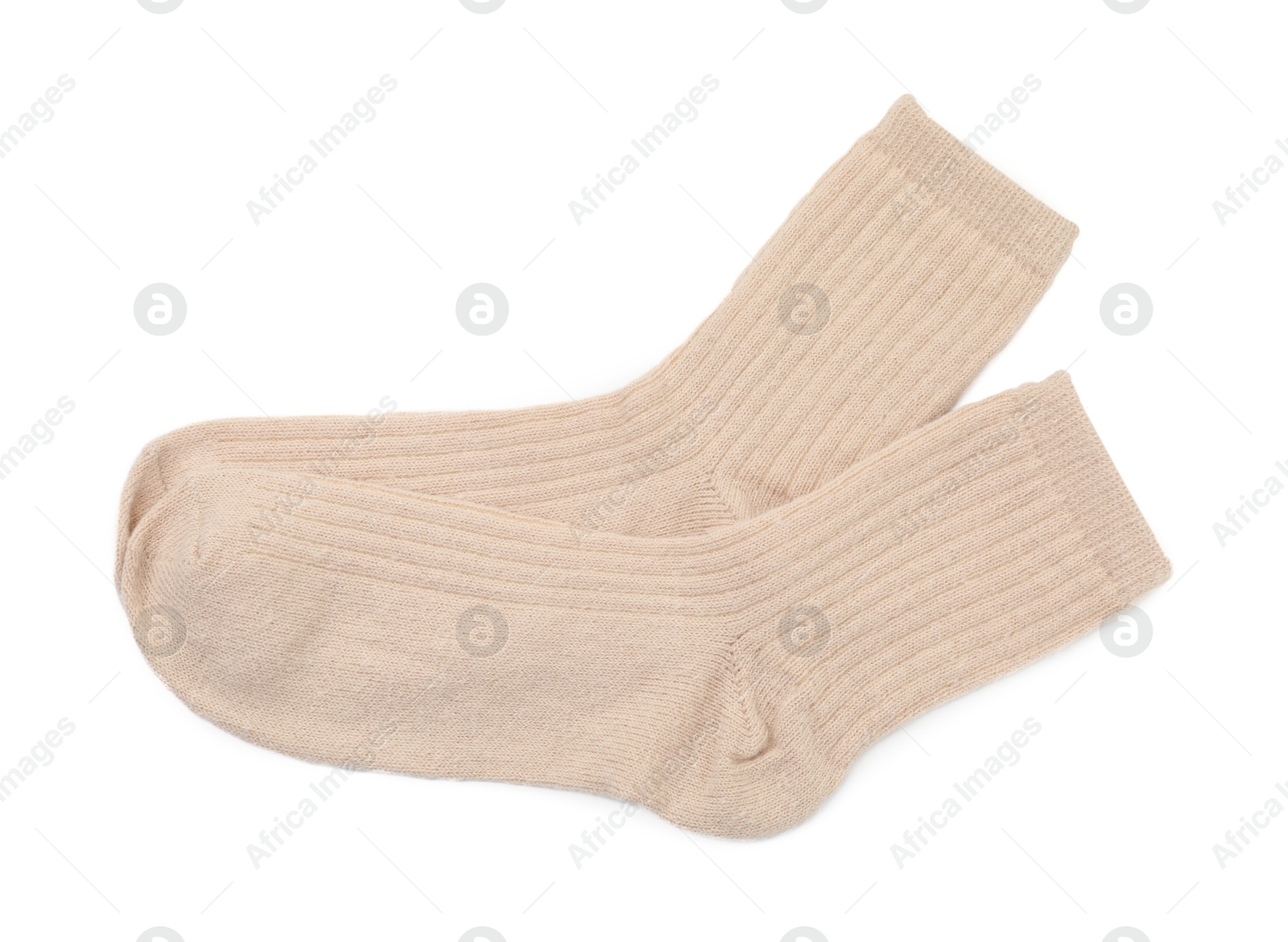 Photo of Pair of soft socks isolated on white, top view