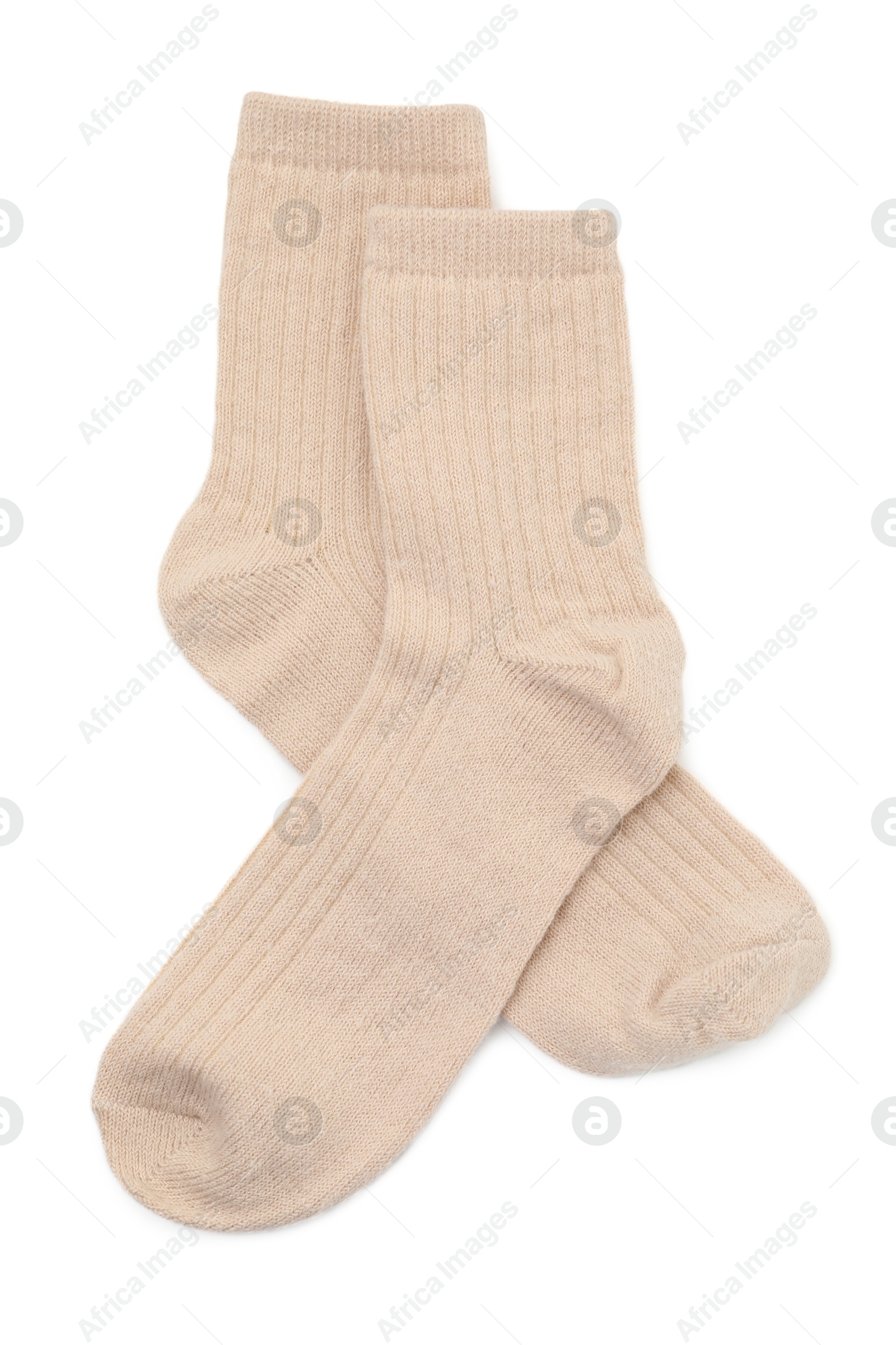 Photo of Pair of soft socks isolated on white, top view